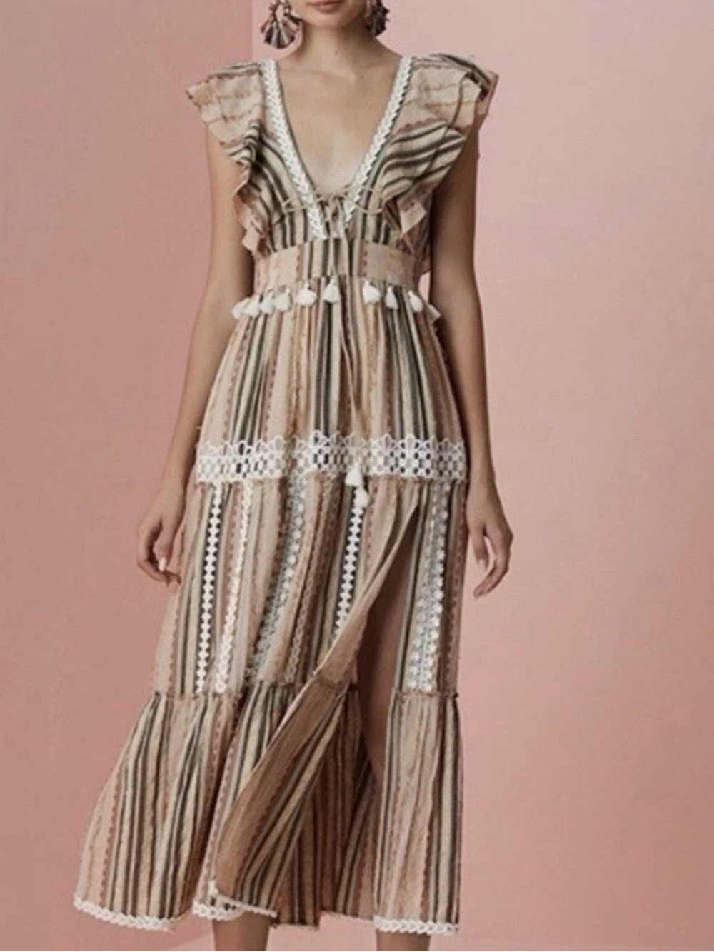 NWOT Anthropologie Hemant & Nandita Pixie Boho Prionted Fringe Long Maxi Dress